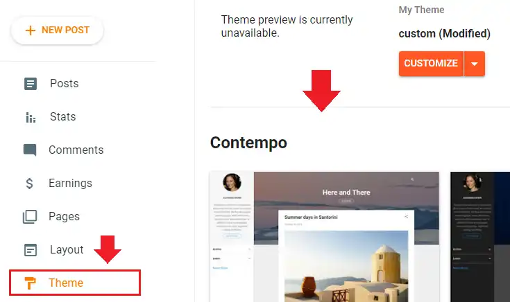 Login to your Blogger account. Go to your Sidebar and click Theme. Each theme has 5 color variations. Pick one from these themes: Contempo, Notable, Soho, or Emporio.