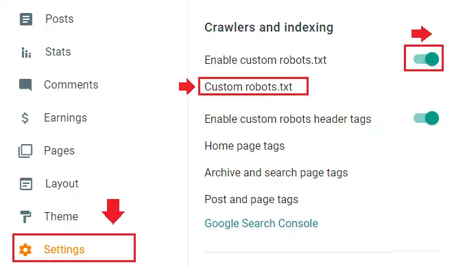 Go to Sidebar and click Settings. On Settings scroll-down to Crawlers and indexing section. Turn-on the slider to activate the Enable custom robots.txt. Click on the Custom robots.txt.