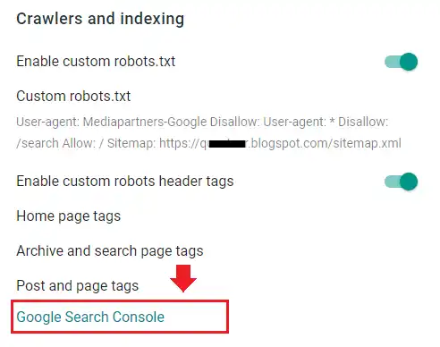 click Settings. Scroll-down to Crawlers and indexing and click the Google Search Console link
