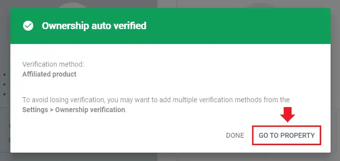 Click GO TO PROPERTY to access your Google Search Console account.