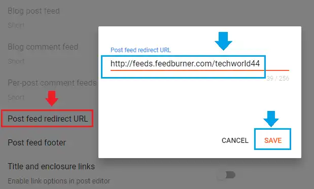 Click on the Post feed redirect URL option. Paste your RSS Feed URL in the given location. Click SAVE.