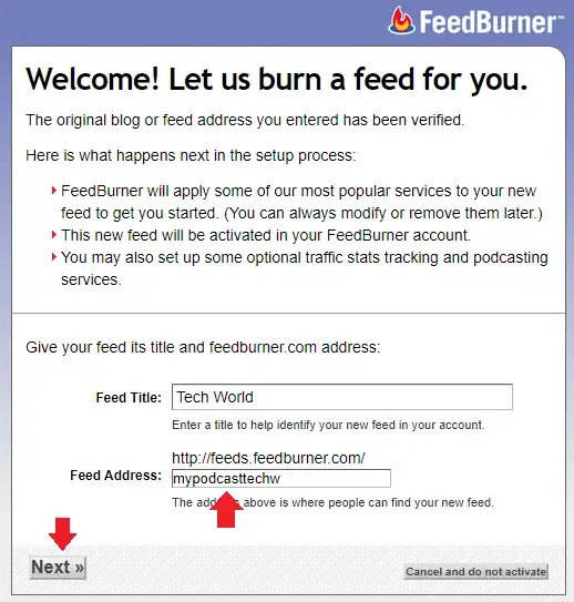 Enter your Feed Title and a unique Feed Address. Click the Next button.