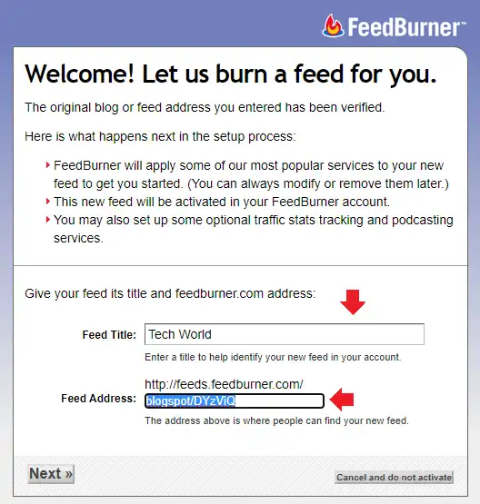In Feed Title enter the title/name of your blog. In Feed Address enter a meaningful name.