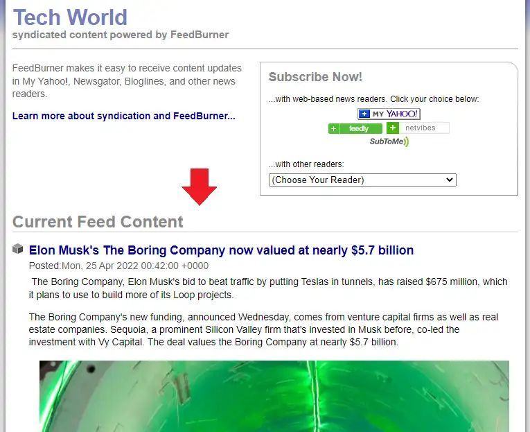RSS site feed page on Google FeedBurner.