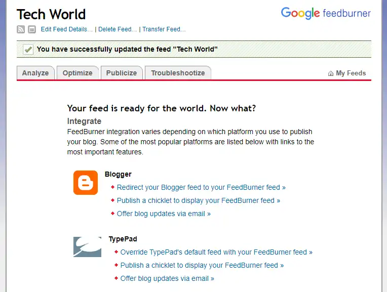 Dashboard (Feed Management) of Google FeedBurner where you can manage your site feeds. 