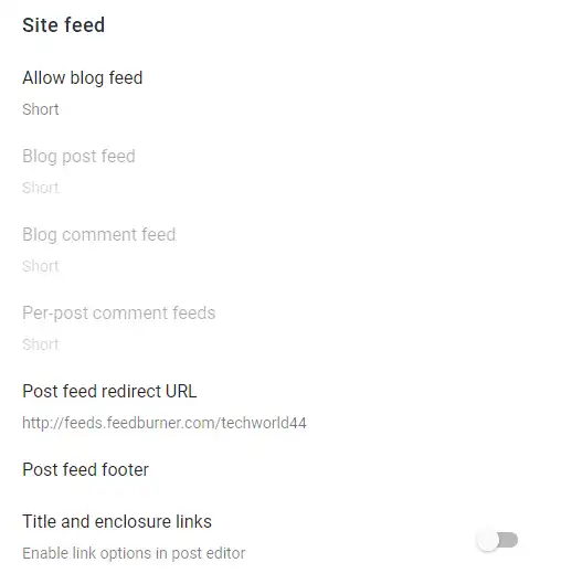 Login to your Blogger blog. Go to your sidebar and click the Settings. Scroll-down to Site feed section.
