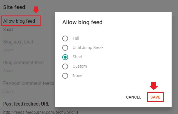 Click on the Allow blog feed option.