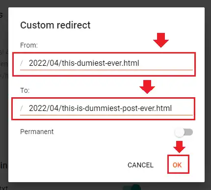 Add the Custom redirect From and To URLS and click OK