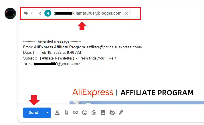 The Forward link in Gmail emails is located at bottom. Click the Forward link. In the "To" enter your Blogger's Email for posting email address. Click the Send button.