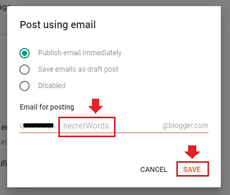 There are three parts of Email for posting email address (1) Your Blogger admin email-username (2) secretWords (3) Blogger email domain (@blogger.com). 