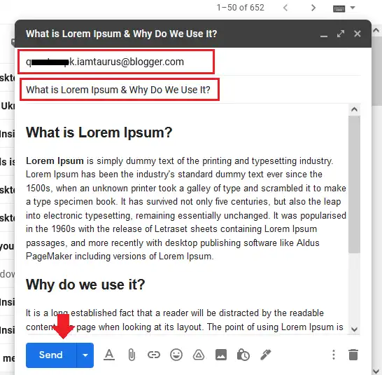 I have crated a simple email in Gmail composer. Now I will send this email to Blogger.