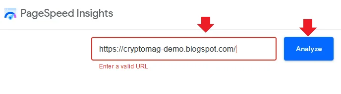 Paste URL of the homepage in PageSpeed Insights URL Box Paste URL of the homepage in PageSpeed Insights URL Box