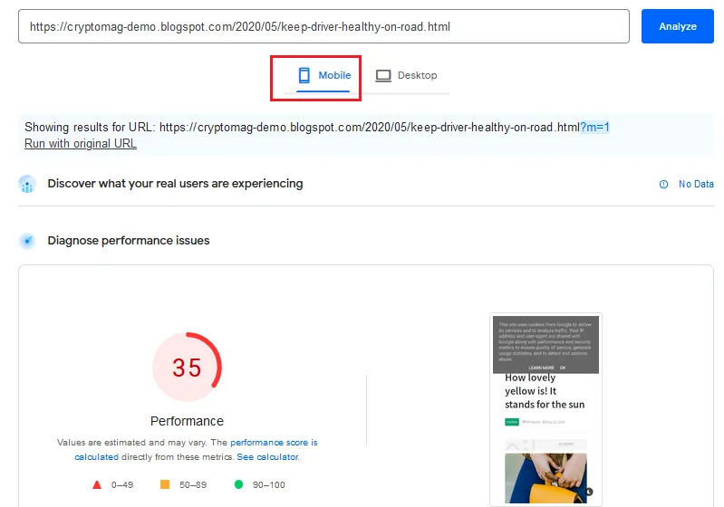 PageSpeed Insights Performance Score of itempage on mobile devices 