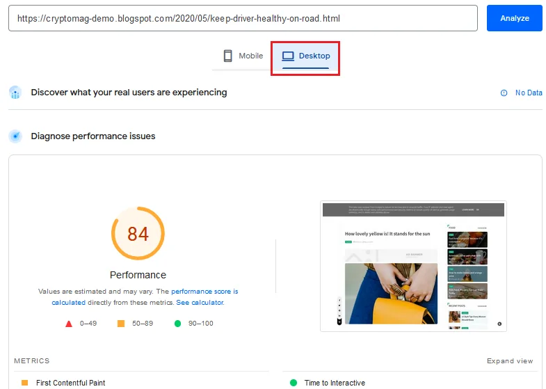 PageSpeed Insights Performance Score of itempage on desktop devices 