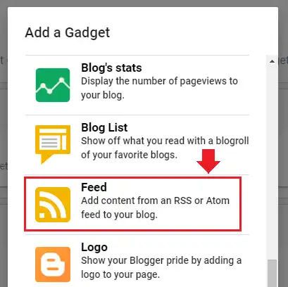 Login to your Blogger account. Click Layout. Click Add a Gadget. Click Feed.