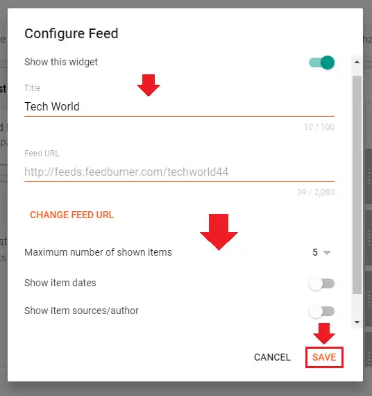 Now you can modify your Title and set other options like (1) Maximum number of shown items (2) Show item dates (3) Show item sources/author (4) Open links in new window. Click SAVE.