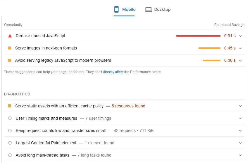 Opportunities and Diagnostics in PageSpeed Insights test