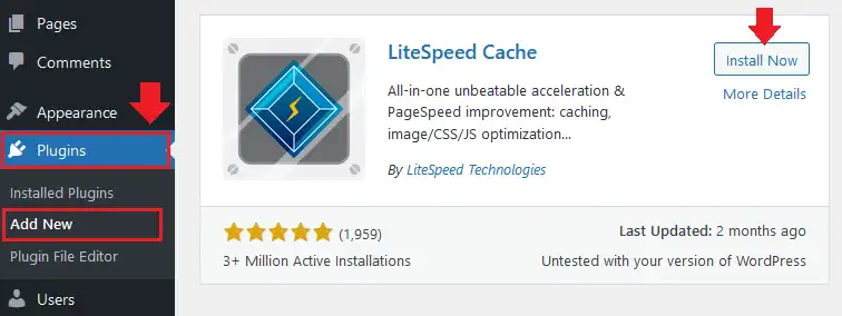 Install LiteSpeed Cache WordPress plugin