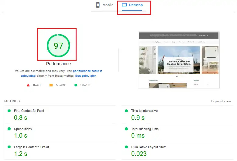 Performance Score of Moseno's Homepage on Desktop devices