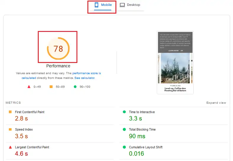 performance score of Moseno's Homepage on mobile devices 