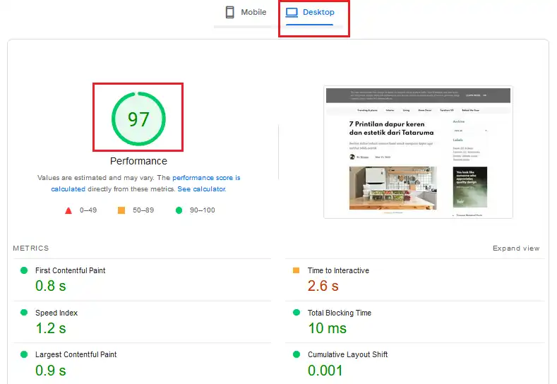 Performance Score of Moseno Itempage on Desktop devices