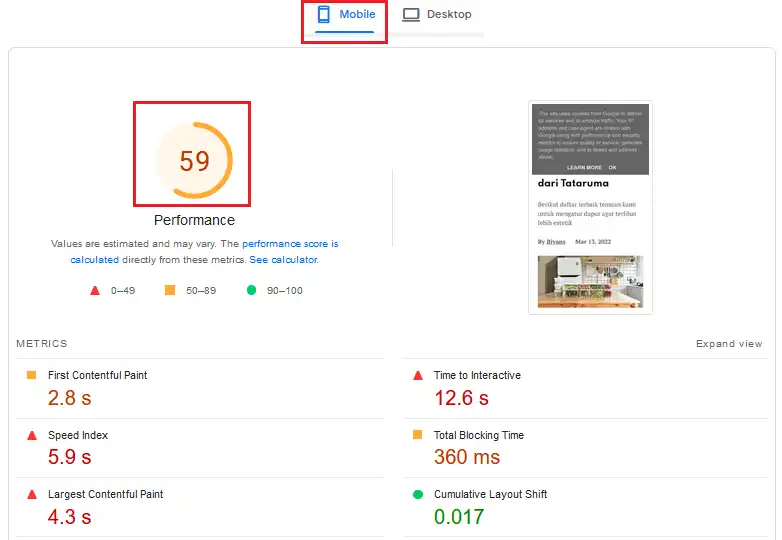 Performance Score of Moseno Itempage's on Mobile devices is 59. 