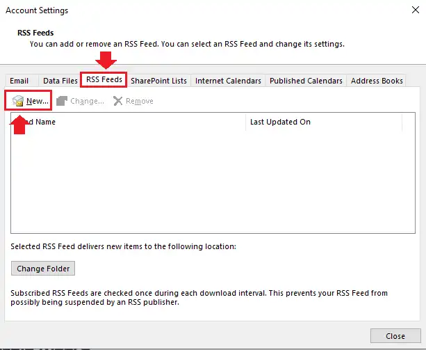 Click the RSS Feeds tab and then New icon.