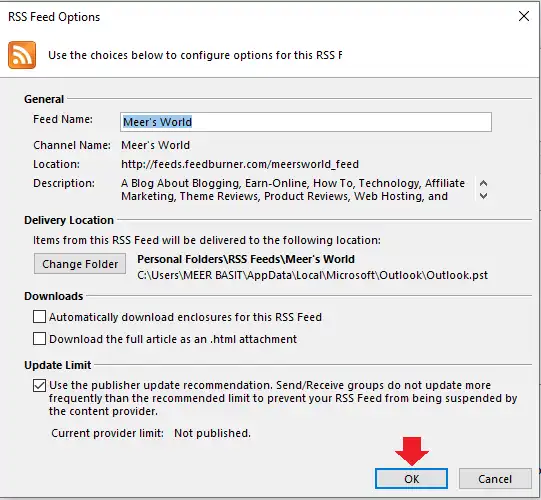 Choices for configuring options for RSS Feed