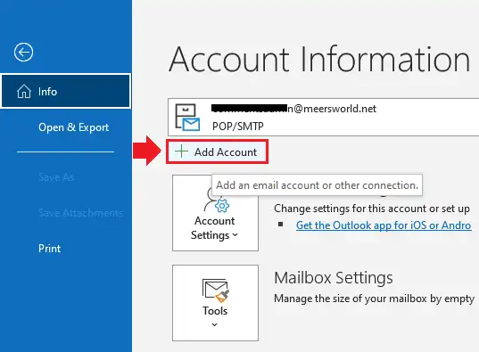 Set Up Gmail in Outlook | Click Add Account