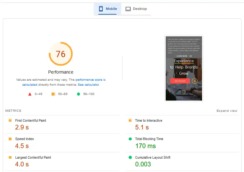 PageSpeed Insights Score of Mars Blogger template on Mobile Devices