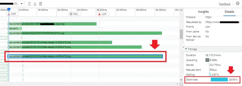 Network Activity Performance Insights showing the element causing large LCP