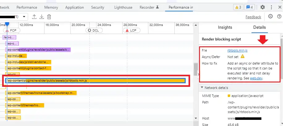 JavaScript library contains render blocking script identified by Performance Insights tool