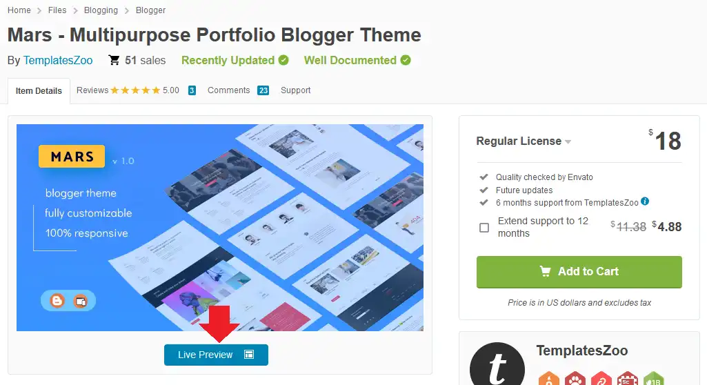 Watch Live Demo and Purchase Mars Blogger Template