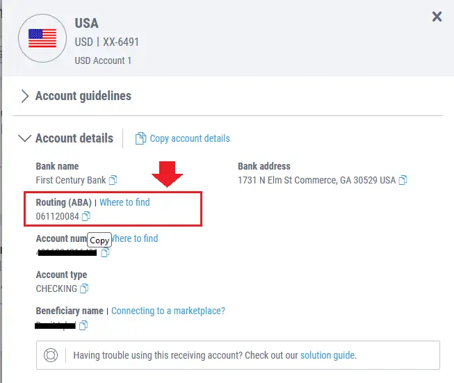 Click the Copy icon located under the Routing (ABA) in order to copy the routing number of the First Century Bank. 