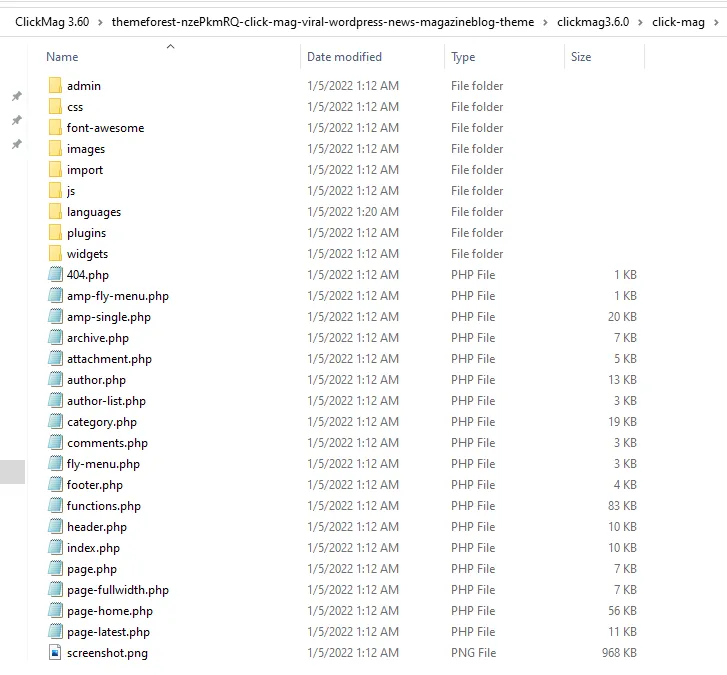 Files and Folders of Click-Mag WordPress theme