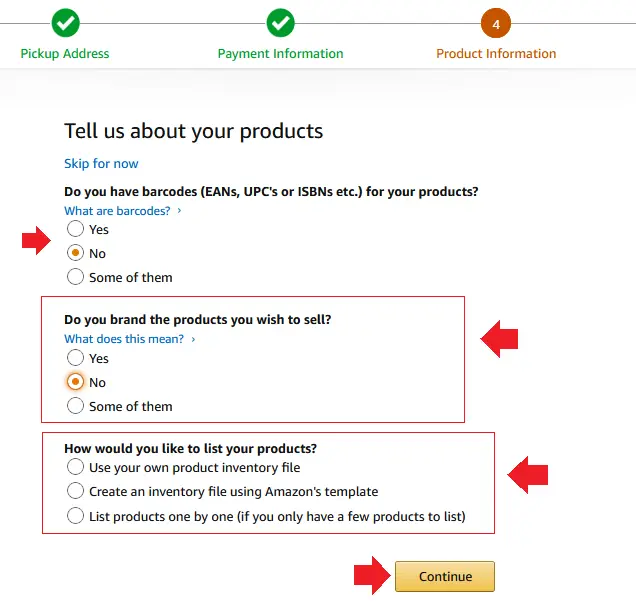 Product Information options when you choose "No" or "Some of them"