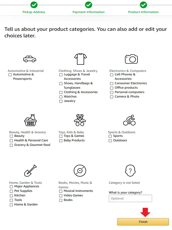 Set Up Store Information by choosing Categories