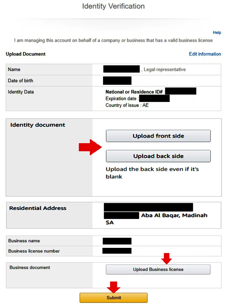 Identity Verification for Business Sellers Amazon Saudi Arabia - Upload Documents