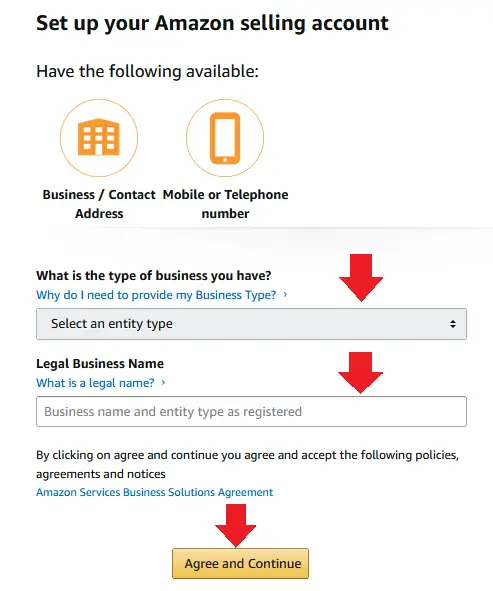 Choose your Amazon account type and Enter Legal Business Name