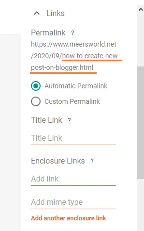 Links settings for a Blogger post 