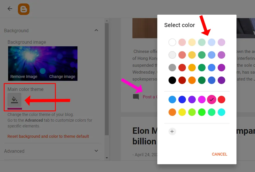 Click on Main color theme icon to choose a color