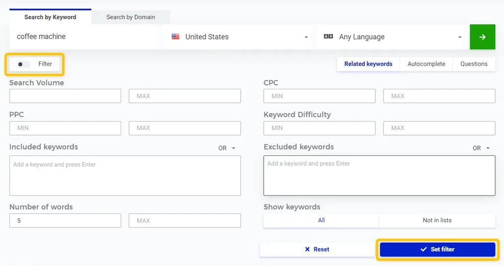 Mangools SEO Tools Advance Filter options.