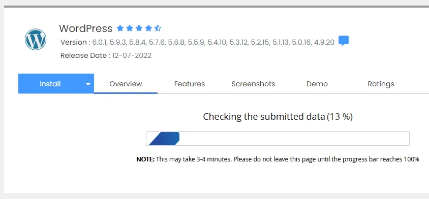WordPress installation takes 3 to 4 minutes