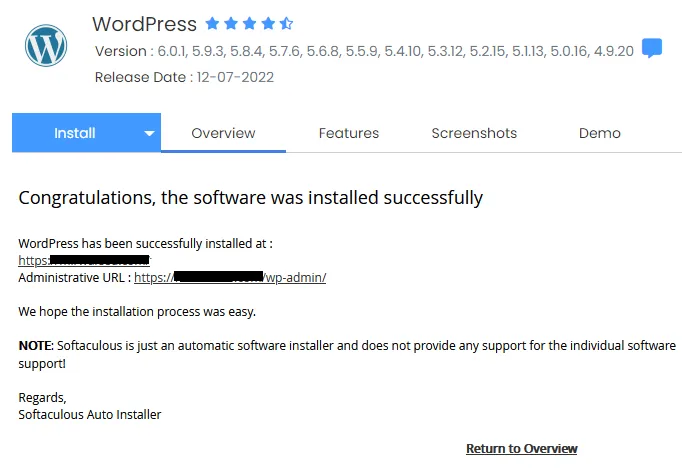 Congratulations, the software was installed successfully