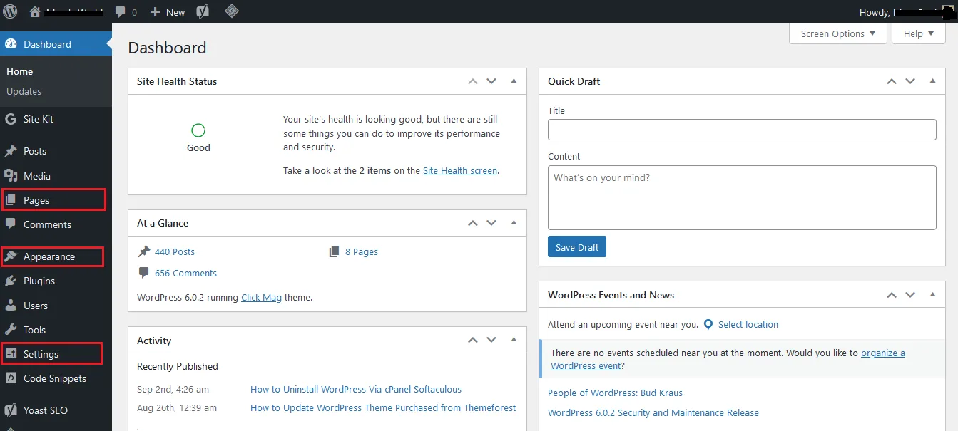 This is how a WordPress Admin section looks like.