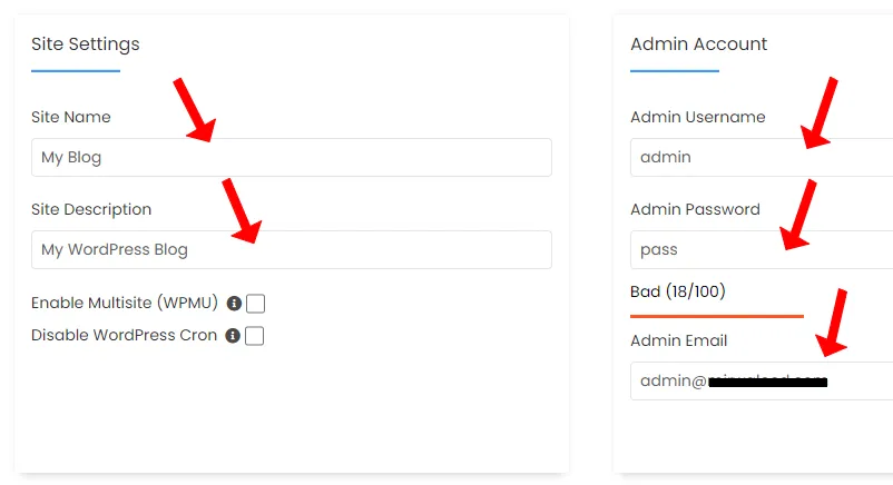 Fill the Site Settings and Admin Account settings