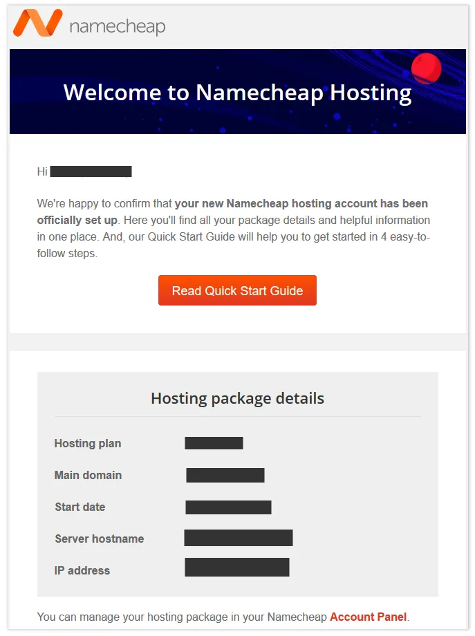 Welcome to Namecheap message with Hosting Package Details