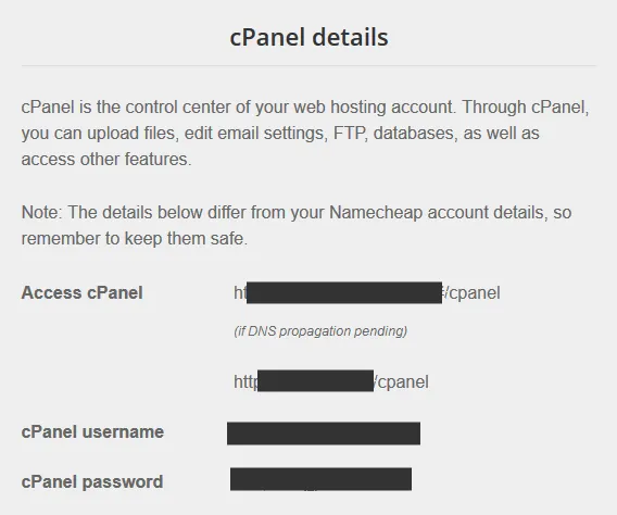 Your Namecheap cPanel Details