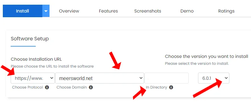 Choose Protocol, Domain, and the WordPress version.