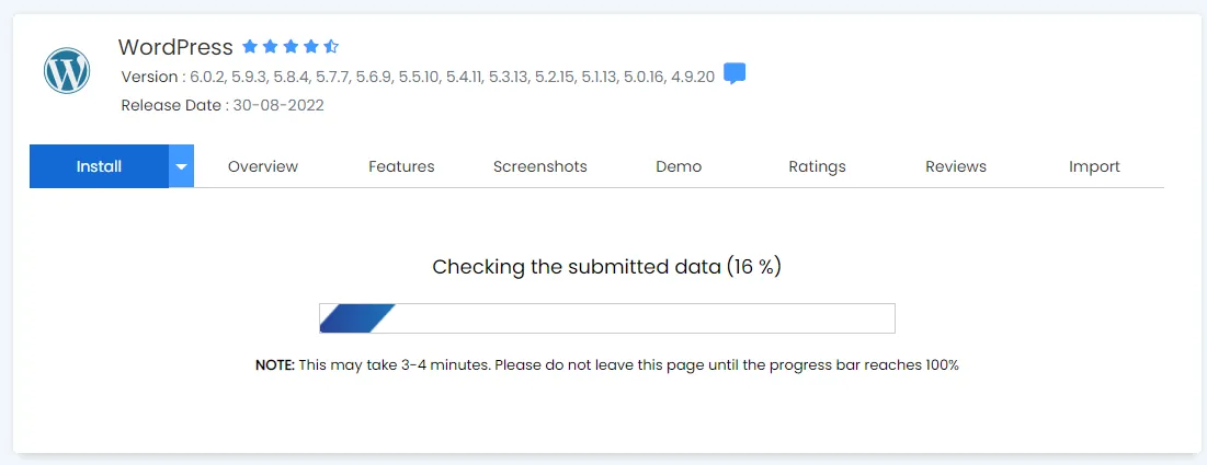 WordPress installation takes 3 to 4 minutes